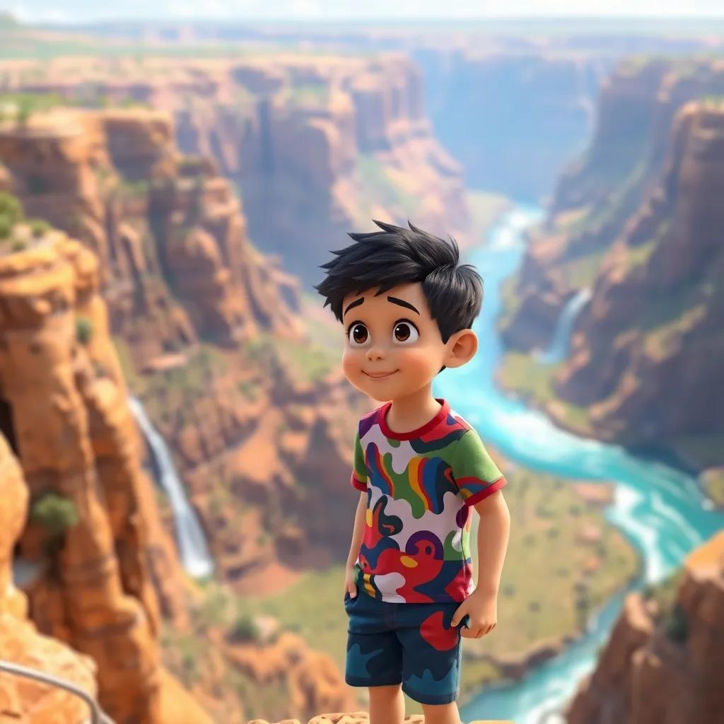 Sami, a young boy with dark hair, wearing a colorful shirt and shorts, looking at a beautiful canyon, imagining the water flowing through it, vibrant colors, storytelling view, cheerful