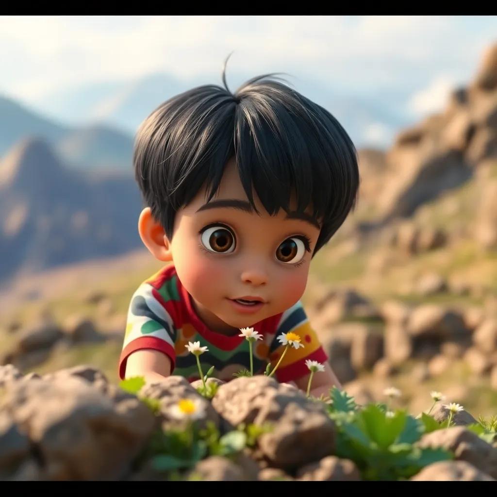 Sami, a young boy with dark hair, wearing a colorful shirt and shorts, observing small flowers growing in the rocks on the mountain, curious expression, close-up nature view, colorful, high quality