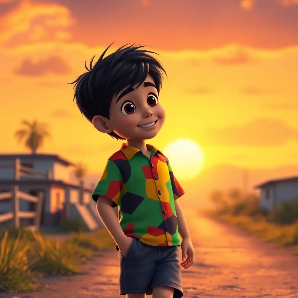 Sami, a young boy with dark hair, wearing a colorful shirt and shorts, walking back home with a smile, reflecting on his day of discovery, sunset in the background, warm colors, uplifting scenery, child-friendly