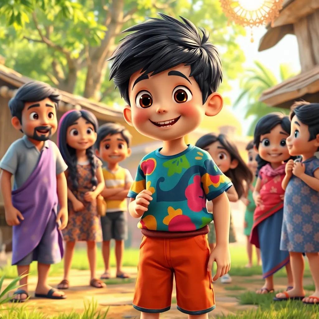 Sami, a young boy with dark hair, in a colorful shirt and shorts, sharing his discoveries with friends in the village, excited expressions, vibrant interactive scene, cheerful atmosphere, community vibe, digital art