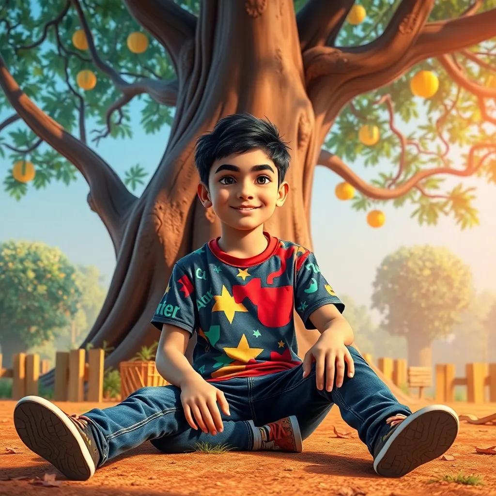 A young Arab boy, Sami, with short black hair, wearing a colorful t-shirt and jeans, sitting under a large tree, surrounded by letters and symbols, whimsical atmosphere, digital art, bright colors, inviting scene, high quality