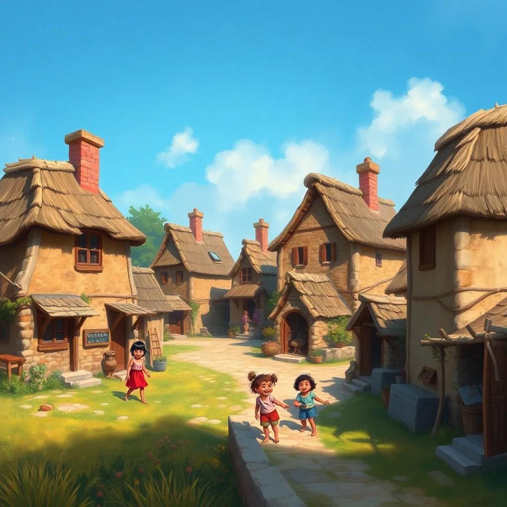 A small, charming village with clay houses and thatched roofs, with children playing and laughing in the fields, digital art, warm colors, joyful atmosphere, high quality