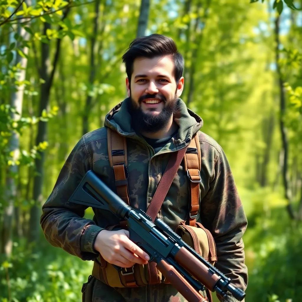 A man with dark hair, Sami, wearing a camouflage outfit, walking in a sunny green forest, holding a hunting rifle, vibrant, cheerful scene, digital art, friendly atmosphere, high quality