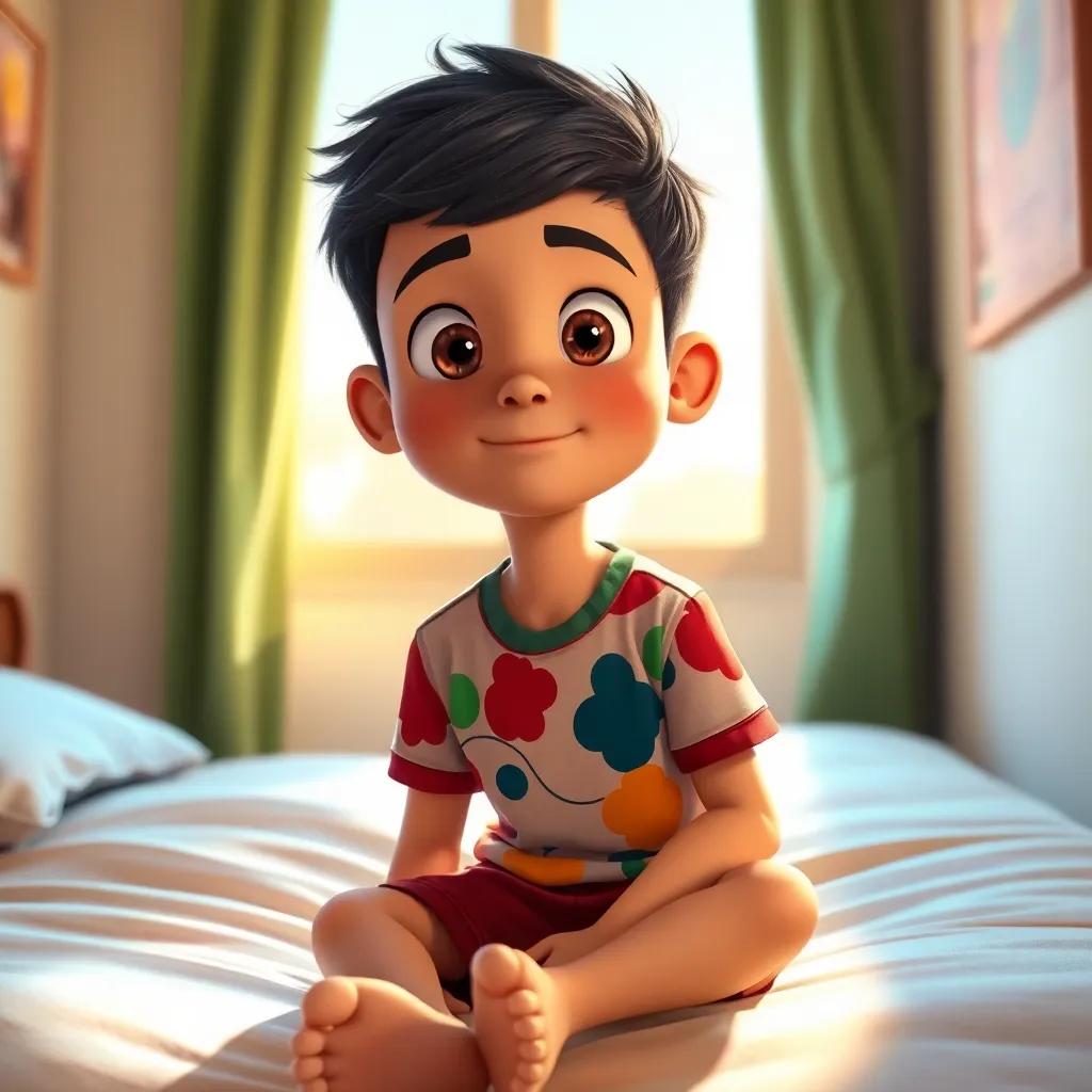 A bright morning scene, Sami, a young Arab boy, with short black hair, wearing a colorful t-shirt and shorts, sitting on his bed looking curious, sunlight streaming through the window, cheerful atmosphere, digital art, warm colors, inviting view, high quality
