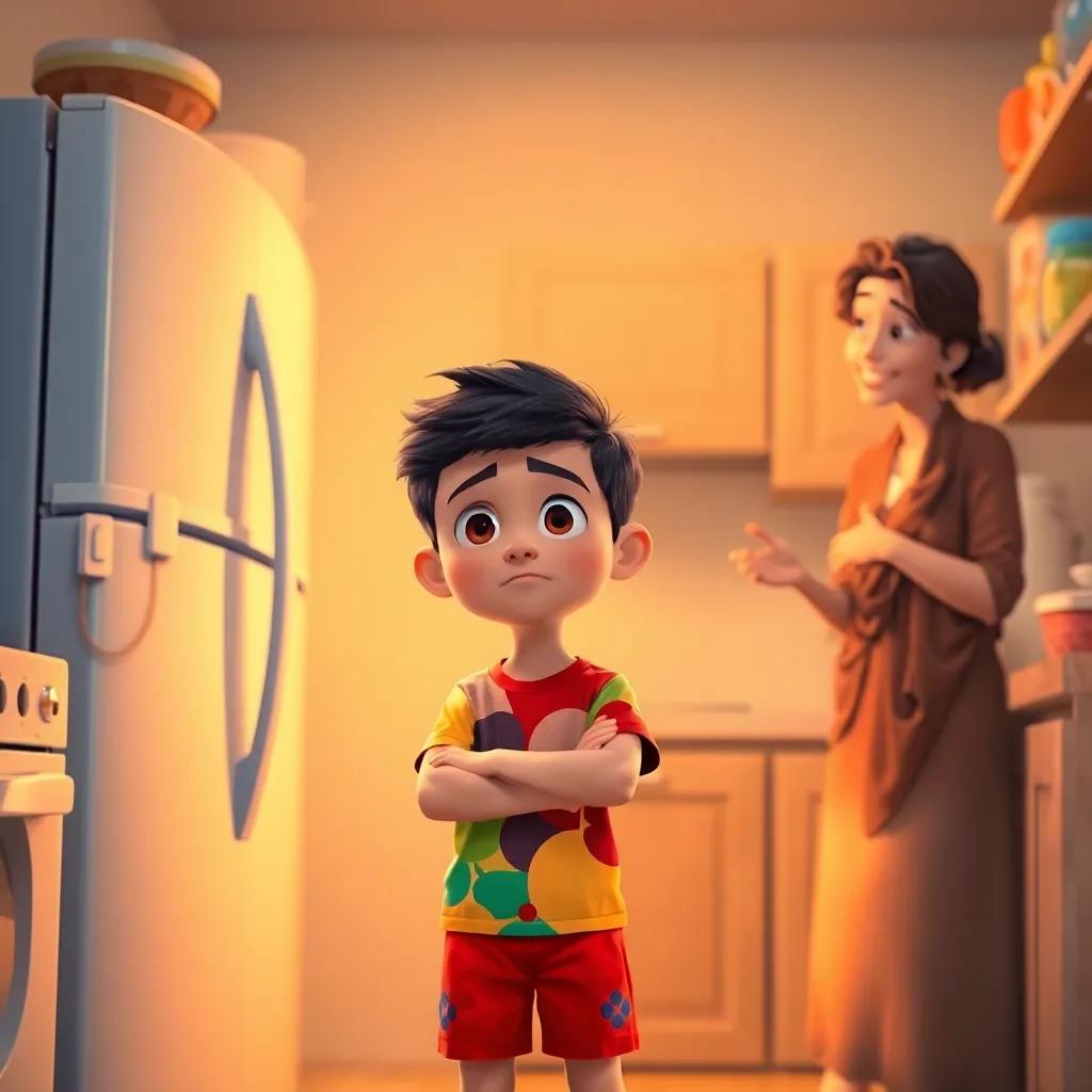 Sami, a young Arab boy, with short black hair, wearing a colorful t-shirt and shorts, standing in a kitchen looking puzzled, an unplugged refrigerator, his mother smiling and explaining, bright kitchen light, cozy and homely feel, digital art, vibrant colors, engaging scene, high quality