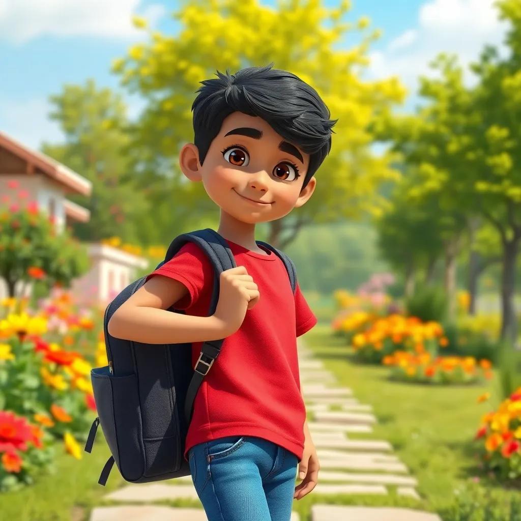 A young Arab boy, Sami, with short black hair, wearing a bright red T-shirt and blue jeans, struggling to carry his heavy school bag on a sunny morning, cheerful scenery with colorful flowers and trees, digital art, bright colors, vibrant atmosphere, engaging perspective, high quality