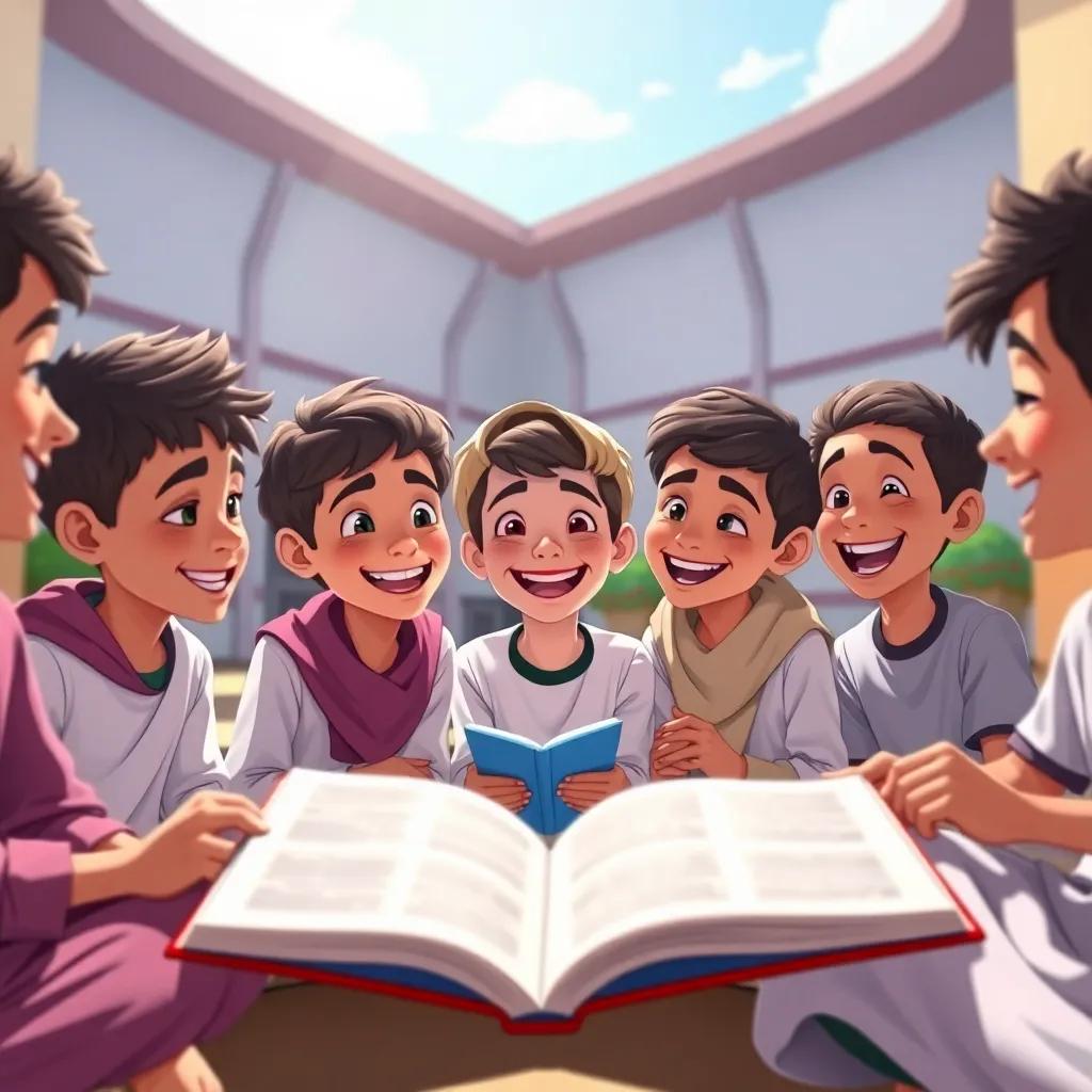A group of young Arab boys, including Sami with a big smile, sitting together in a schoolyard with open books, sharing and laughing together with a sunny sky, playful atmosphere, illustration, joyful and friendly, colorful and engaging
