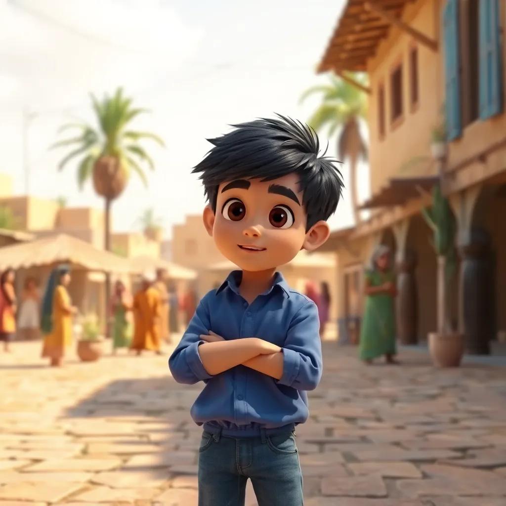 A smart boy named Sami, a young Arab boy with short black hair wearing a blue shirt and jeans, standing in a sunny village square, talking passionately to the villagers, digital art, warm colors, inviting atmosphere, high quality
