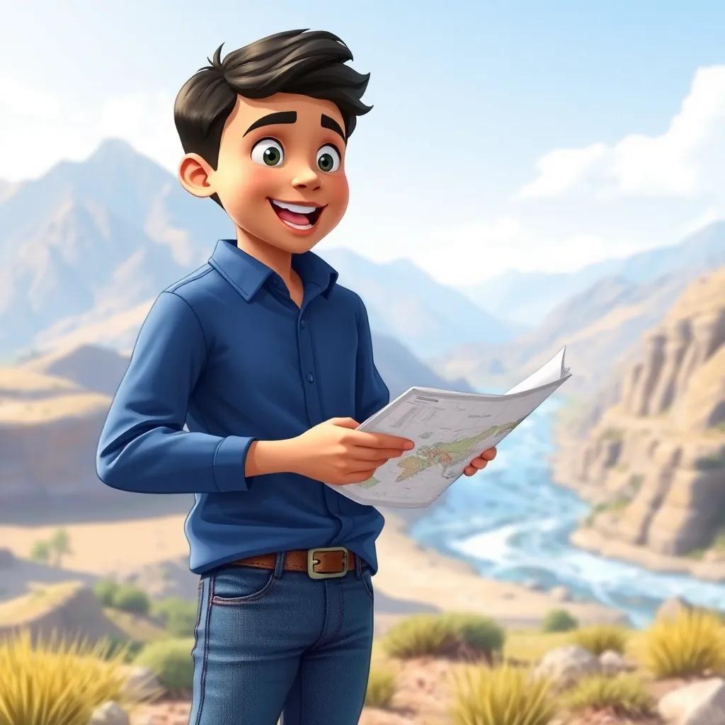 Sami, a smart Arab boy with short black hair in a blue shirt and jeans, looking at a map, standing next to a mountain with a river flowing slightly in the background, excited expression, illustration, vibrant colors, cheerful, high quality