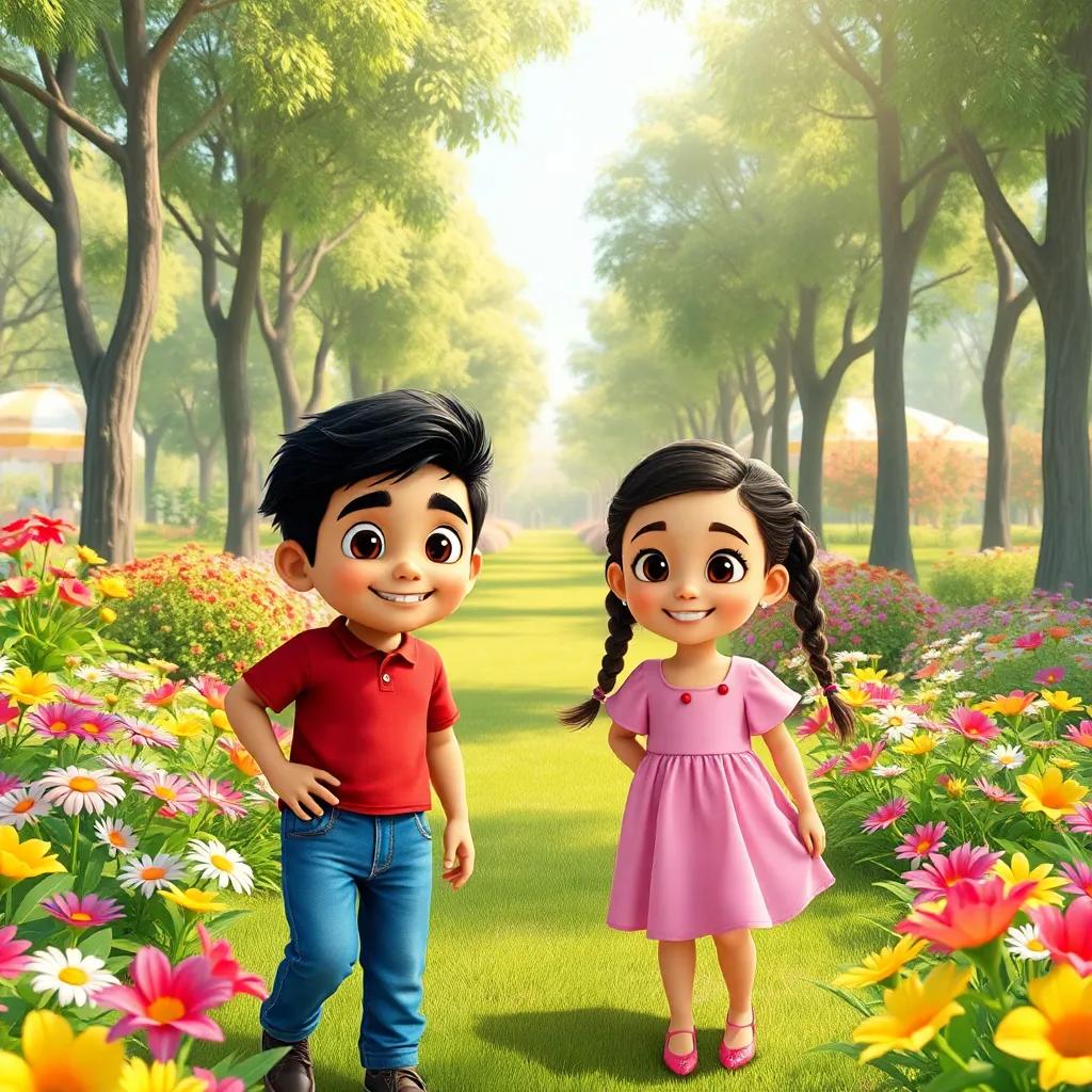 A bright park filled with colorful flowers and tall trees, sunlight shining down, two children, Sami, a young Arab boy with short black hair wearing blue jeans, and Lucy, a young Arab girl with braided hair wearing a pink dress, both smiling and exploring the park, cheerful atmosphere, digital art, vibrant colors, friendly scene, high quality