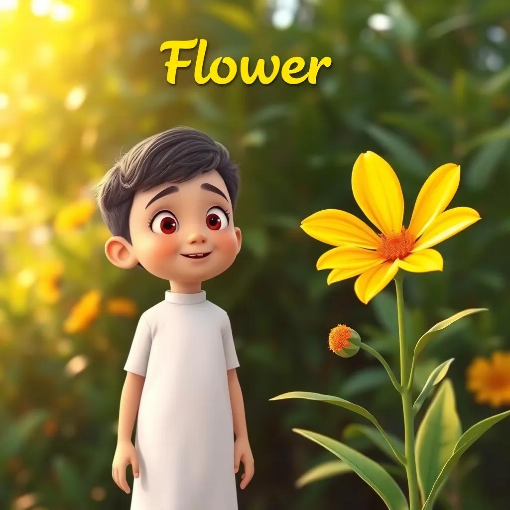 Sami standing next to a beautiful yellow flower with the word 'Flower - زهرة' written above it, looking amazed, digital illustration, lush greenery in the background, warm and inviting light, child-friendly design, high quality