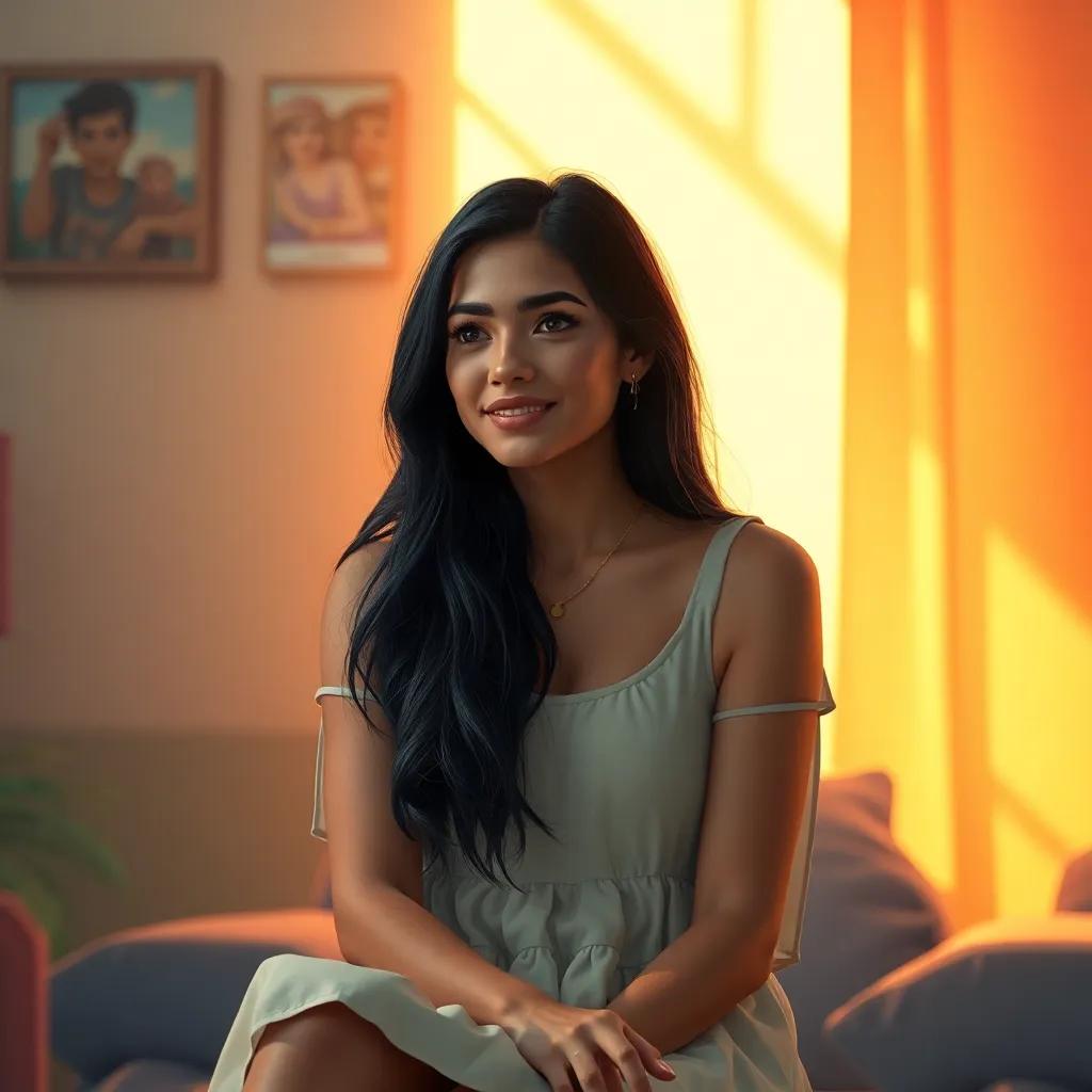 A beautiful Brazilian woman, Isa, with long dark hair, wearing a simple dress, sitting in a safe room with Santo nearby, warm light, cozy environment, her eyes reflecting gratitude and hope, digital art, bright colors, emotional connection, high quality