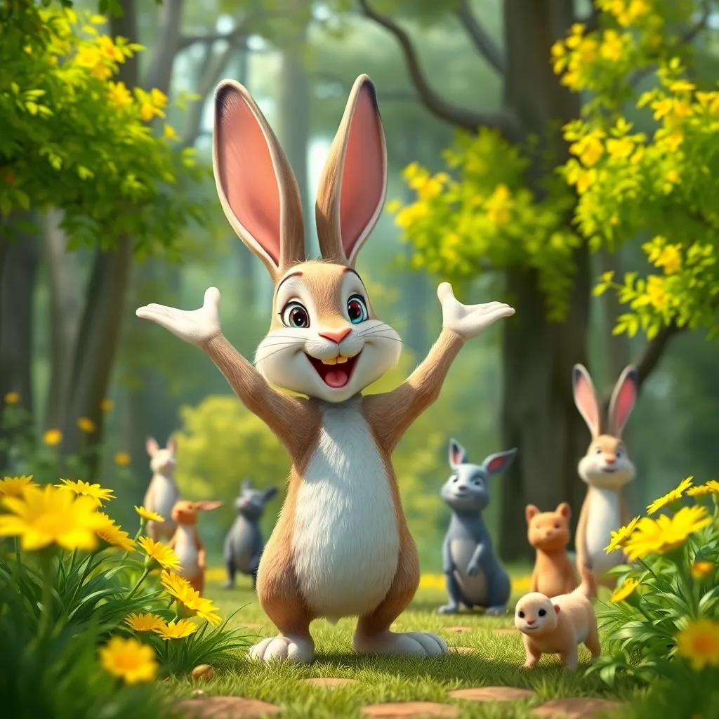 A proud rabbit boasting in a beautiful forest, surrounded by trees and flowers, vibrant greens and yellows, cheerful atmosphere, friendly animals watching, digital art