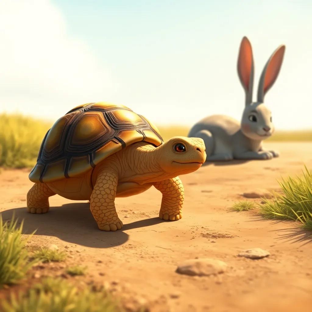 A determined tortoise walking steadily on a dirt path, while a sleeping rabbit is in the background, sunny day, warm colors, inspiring scene, victory in the air, digital painting