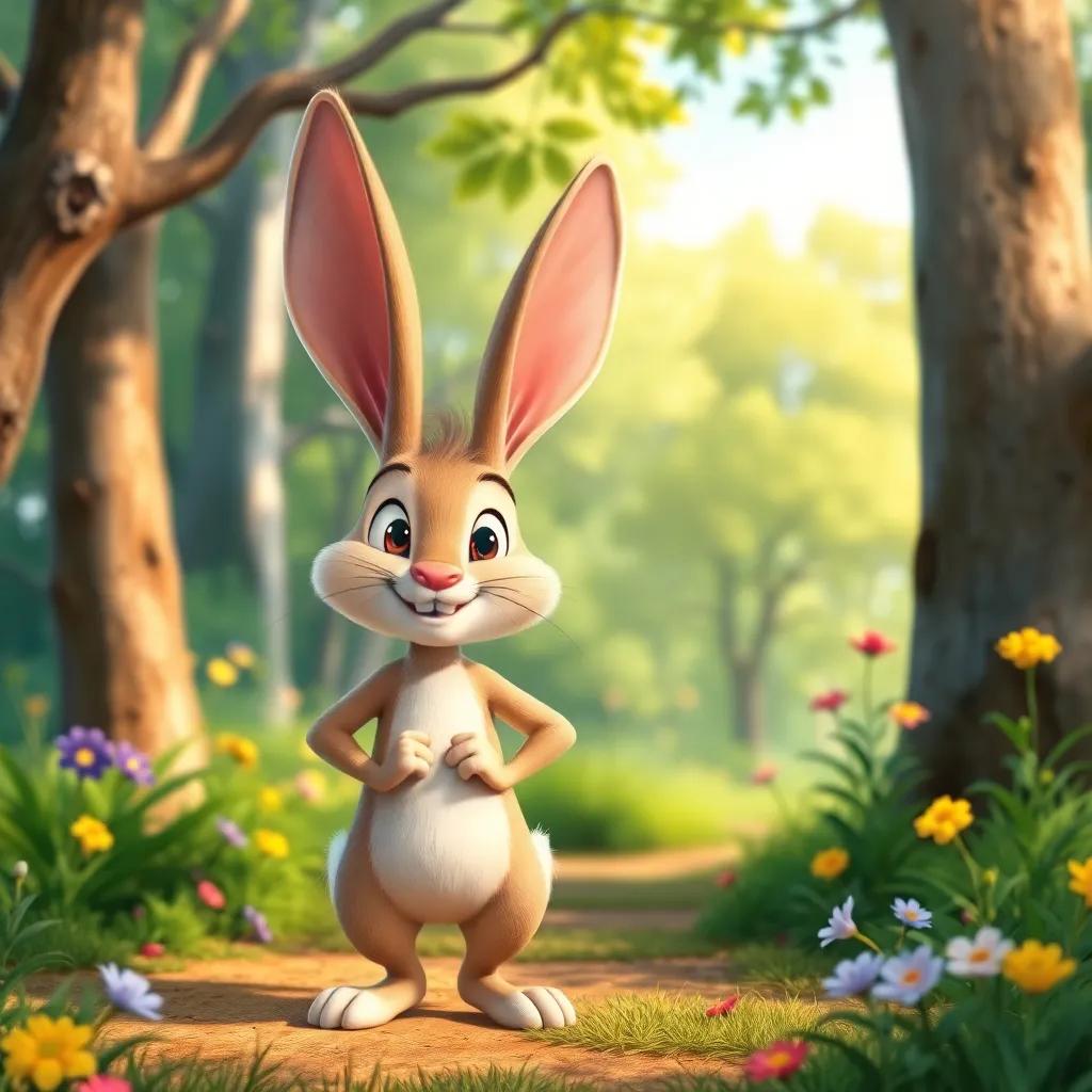 A lively forest scene with a fast rabbit, standing proudly with big ears and a cheeky smile, surrounded by trees and flowers, digital art, vibrant colors, cheerful atmosphere, high quality