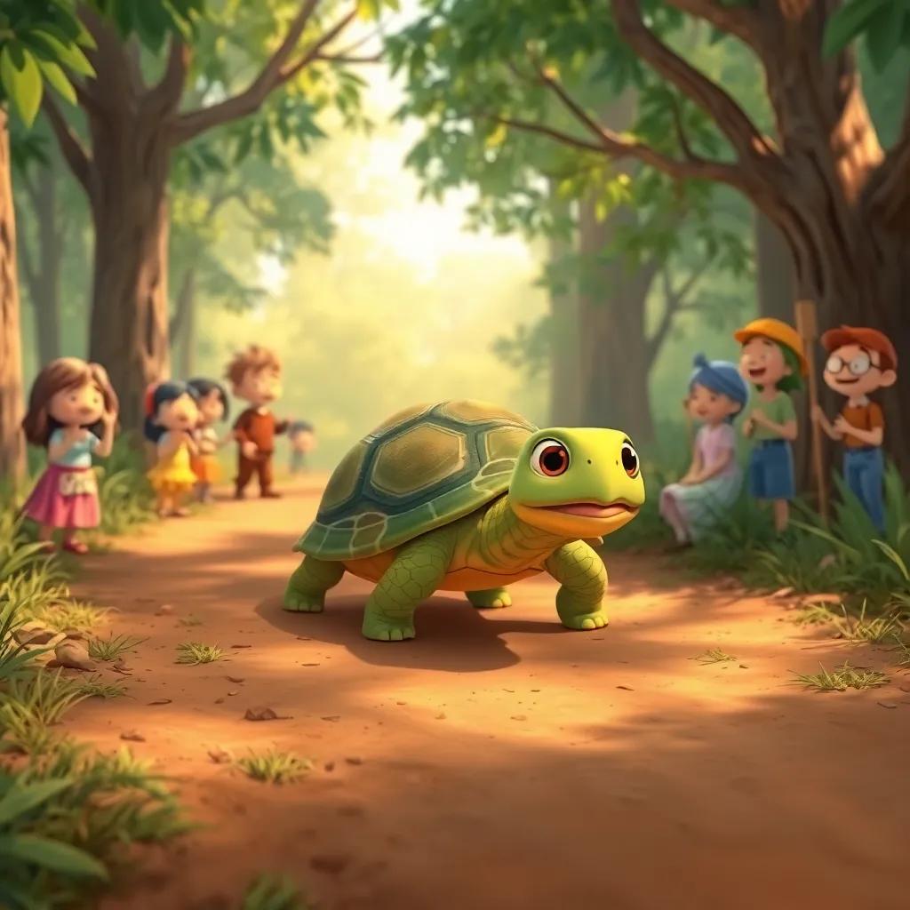 A slow turtle moving steadily on a dirt path in a friendly race, with forest friends cheering around, sunlight filtering through the leaves, illustration, warm colors, whimsical scene, high quality