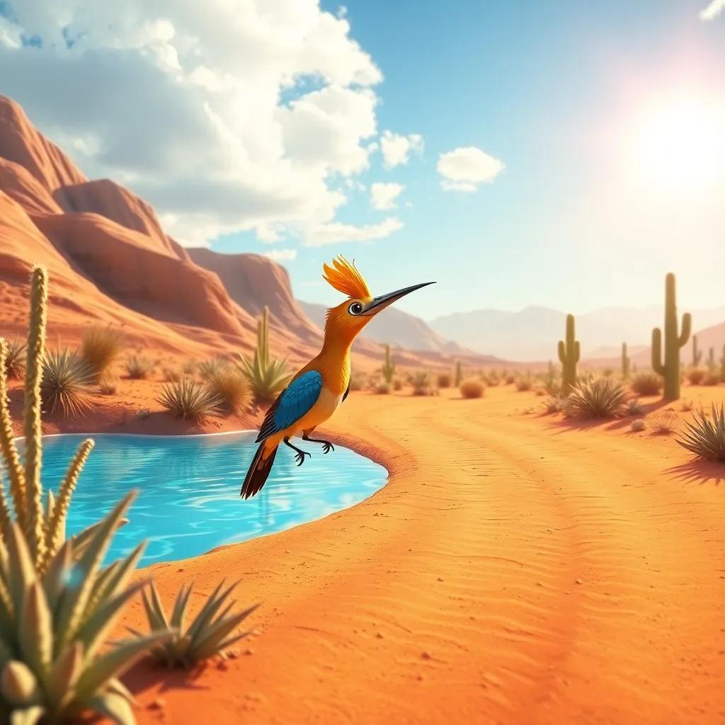 A bright and beautiful morning in a desert reserve, a hoopoe bird creating a racetrack, surrounded by desert plants and a sparkling blue lake, digital art, vibrant colors, sunny atmosphere, high quality