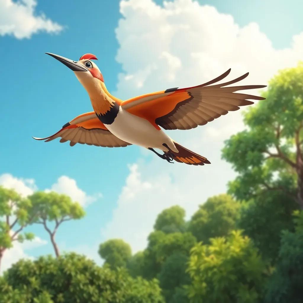 The hoopoe bird soaring in the sky with Um Salem, both looking down at the lush greenery of the reserve, an inviting scene, illustration, cheerful colors, playful perspective, high detail