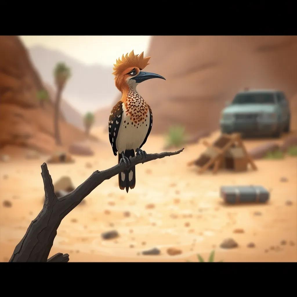 The hoopoe bird perched on a small tree branch looking sad, desert ground and a blurred background showing destroyed plants and cars, illustration, somber colors, emotional impact, high quality