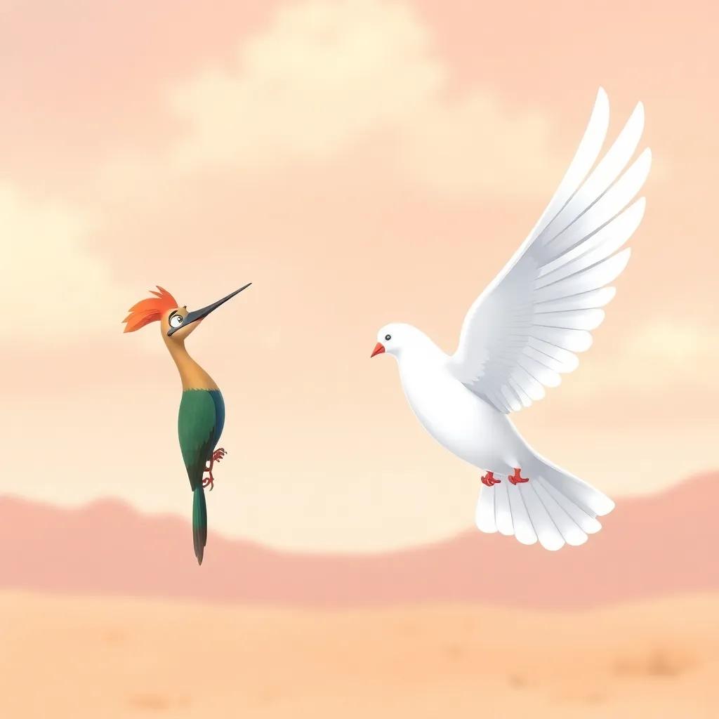 A beautiful dove hovering in the air, speaking to the hoopoe bird and Um Salem with a calm smile, set against the backdrop of the desert reserve, delicate illustration, soft colors, friendly demeanor