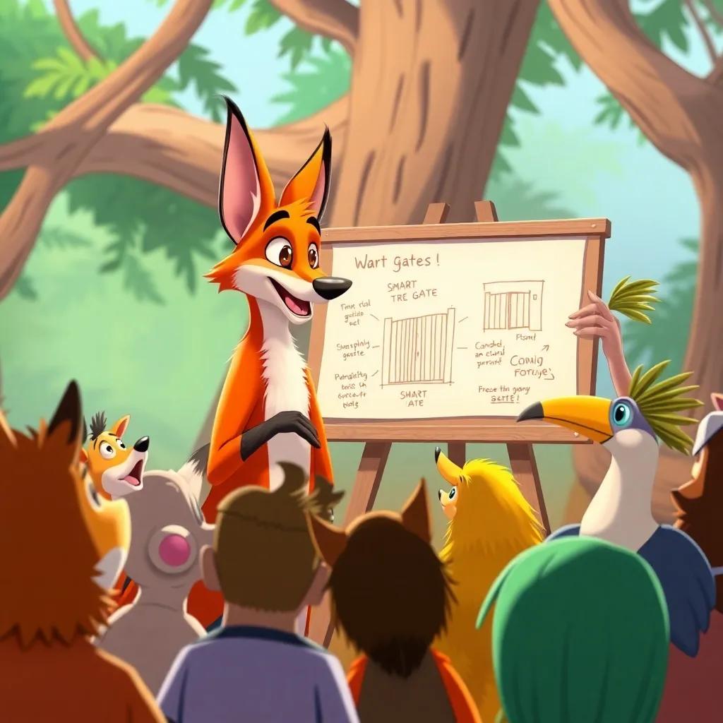 A wise fox presenting ideas to the crowd of animals, sketches of a smart gate on a board, excited animals like Um Salem and the hoopoe bird listening eagerly, vibrant cartoon style, bright colors, engaged atmosphere