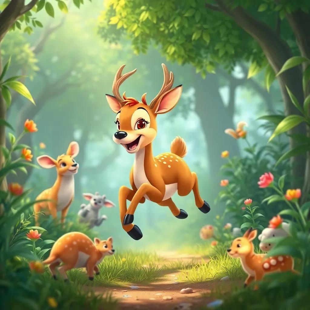A playful deer joyfully leaping among the greenery, suggesting an exciting race for the children, with the animals and plants surrounding it, illustration, lively colors, fun and engaging perspective