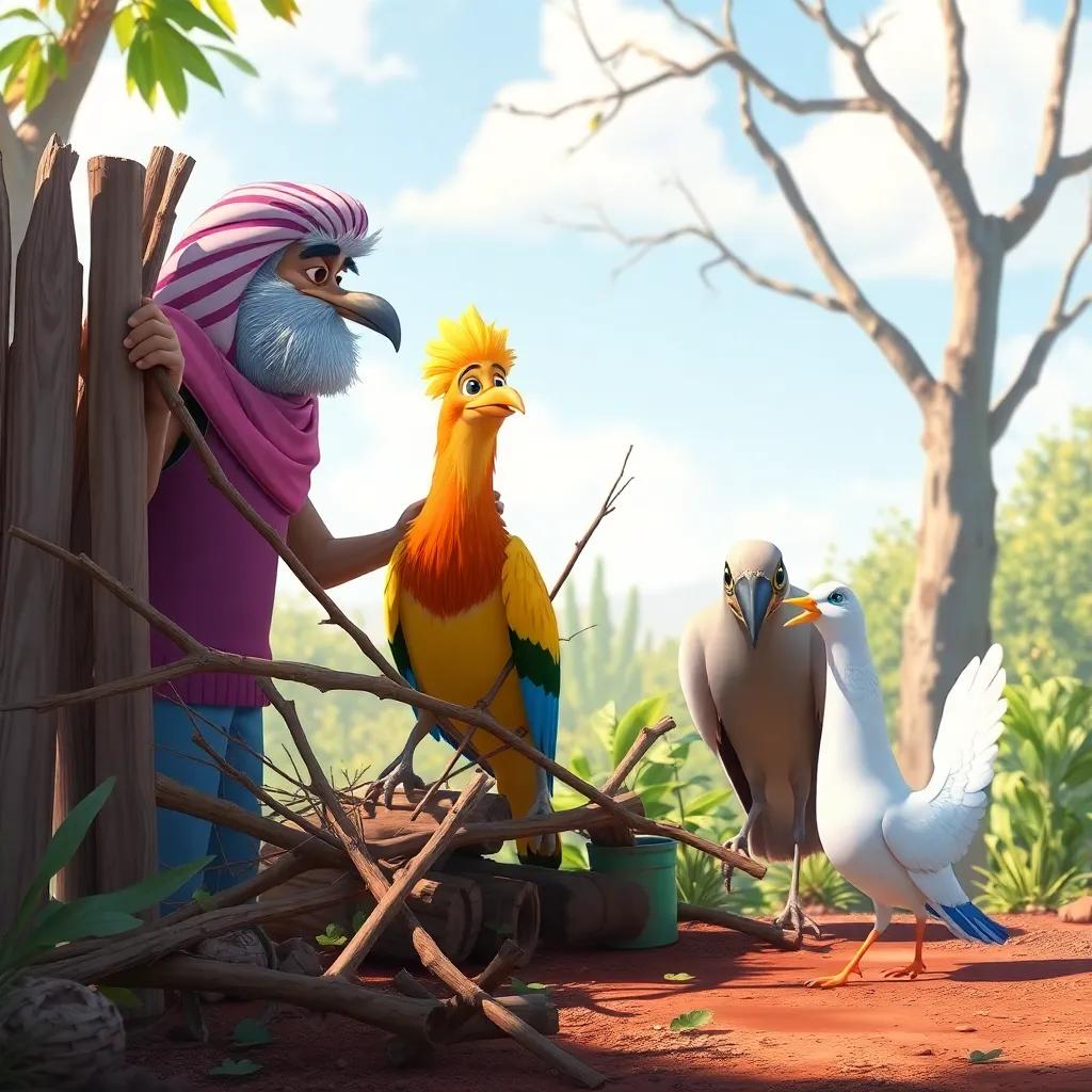 A collaborative scene of animals working together, Um Salem and the hoopoe bird collecting branches for the fence, the dove cleaning the area, bright colors and dynamic composition