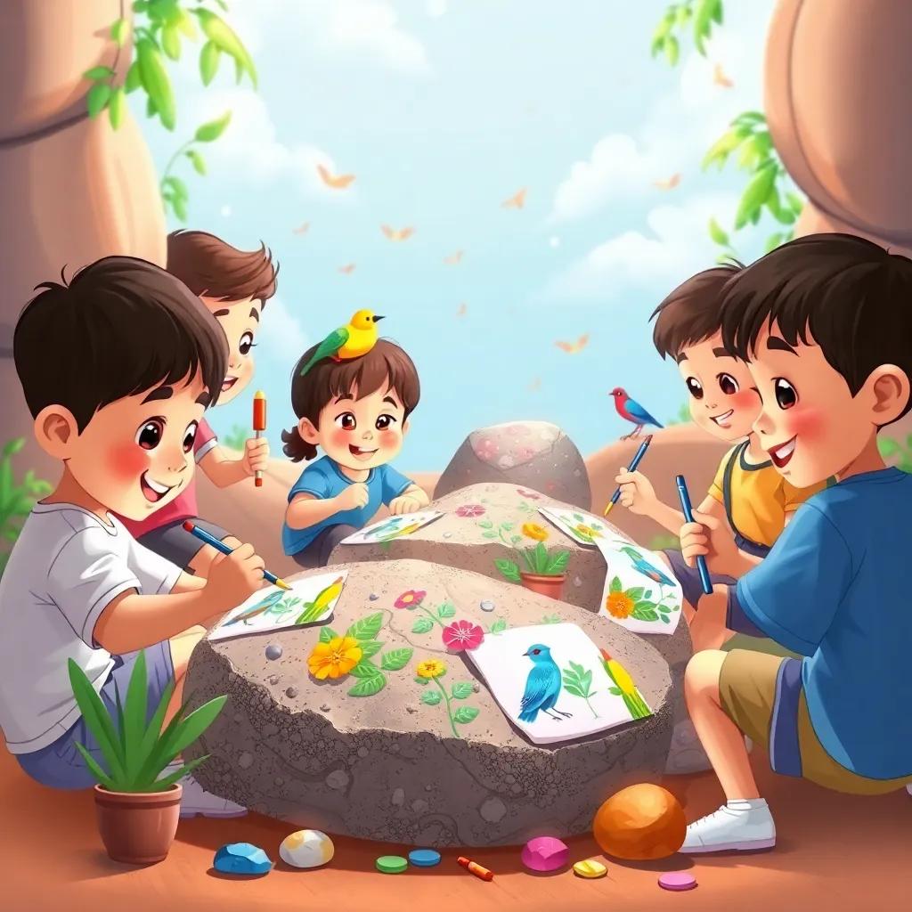 Children painting rocks with colorful pictures of birds and plants, in a lively and fun atmosphere, lots of engagement and smiles, digital illustration, joyful colors, cheerful scene