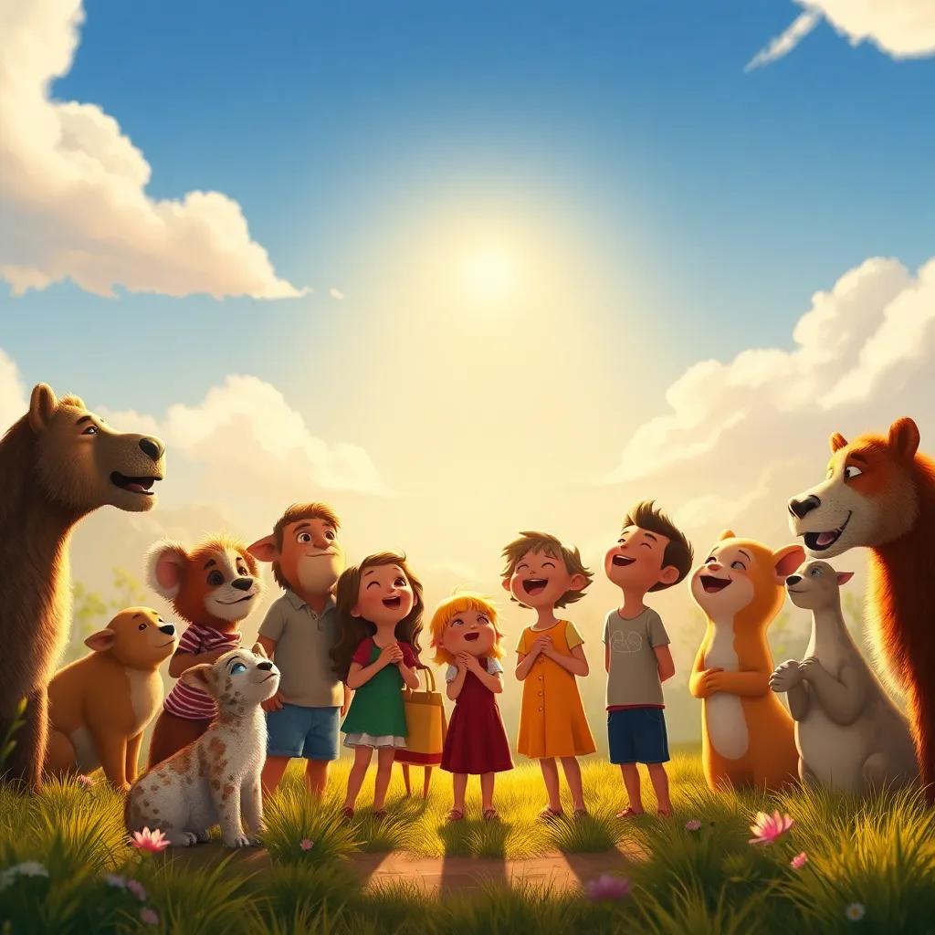 A group of animals and children singing together under the sun, surrounded by completed projects in the reserve, beautiful nature around them, digital painting, warm colors, uplifting