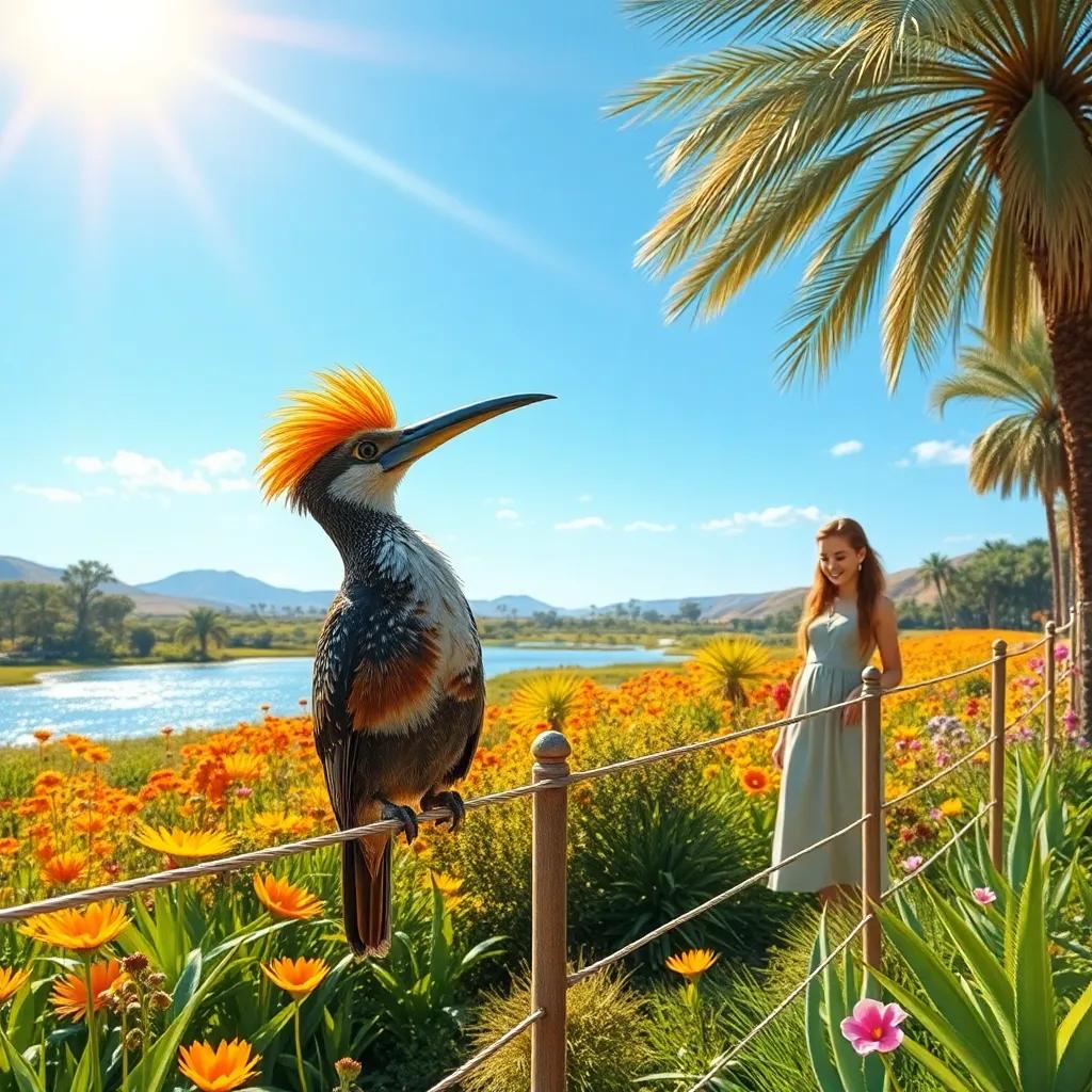 A bright morning landscape with a blue sky and warm sunlight. A beautiful nature reserve filled with vibrant plants and a glistening lake. A hoopoe bird with colorful feathers is busy setting up racing barriers, alongside a cheerful friend named Umm Salem, a kind woman with long flowing hair and a casual dress, digital art, cheerful, vibrant colors, warm light, high quality.
