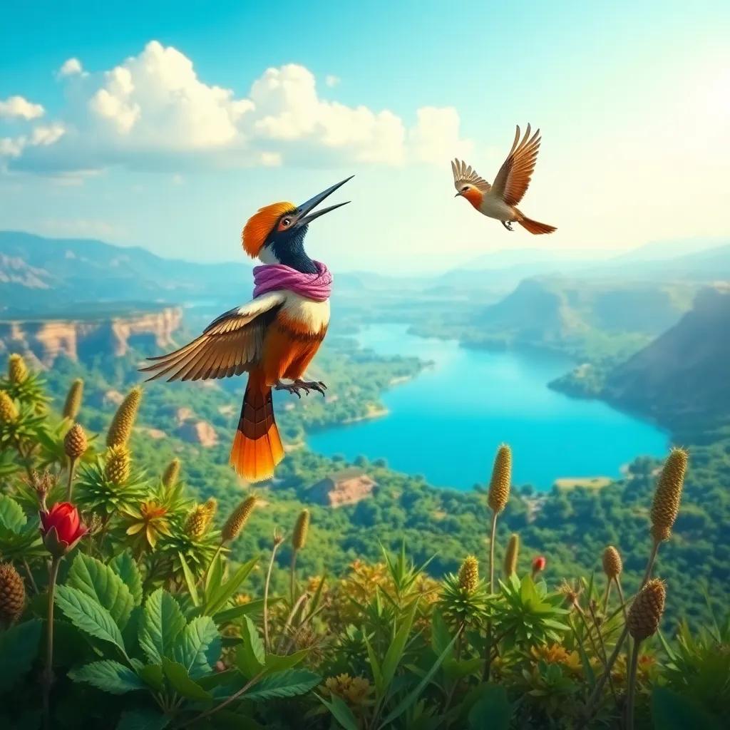 A beautiful nature reserve with wild plants and a serene lake. Umm Salem and the hoopoe bird flying joyfully above the landscape, admiring the beauty around them, digital illustration, colorful, uplifting atmosphere, high detail, lively.