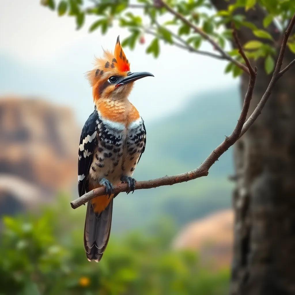 The hoopoe bird perched on a small tree branch with a sad expression, surrounded by natural scenery. Umm Salem looks concerned, their colorful feathers contrasting with vibrant greens, digital art, somber mood, clear details, high quality.