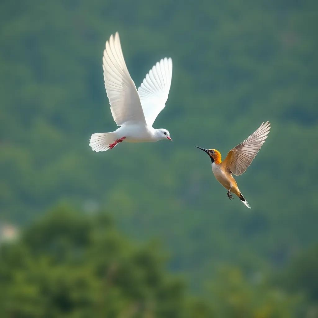 A serene dove flying elegantly in the sky, approaching Umm Salem and the hoopoe bird with a gentle smile. The background depicts the lush greenery of the reserve, digital illustration, soothing tones, inviting atmosphere, high resolution.