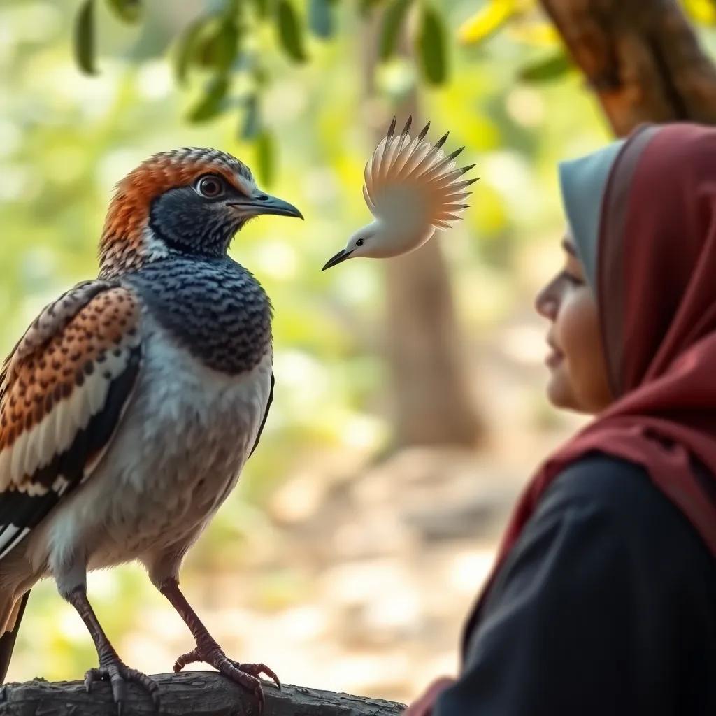 Umm Salem and the hoopoe bird eagerly listening to the dove's solution. The dove, now closer, reflects wisdom, while nature surrounds them, digital art, hopeful image, soft colors, engaging perspective, high quality.