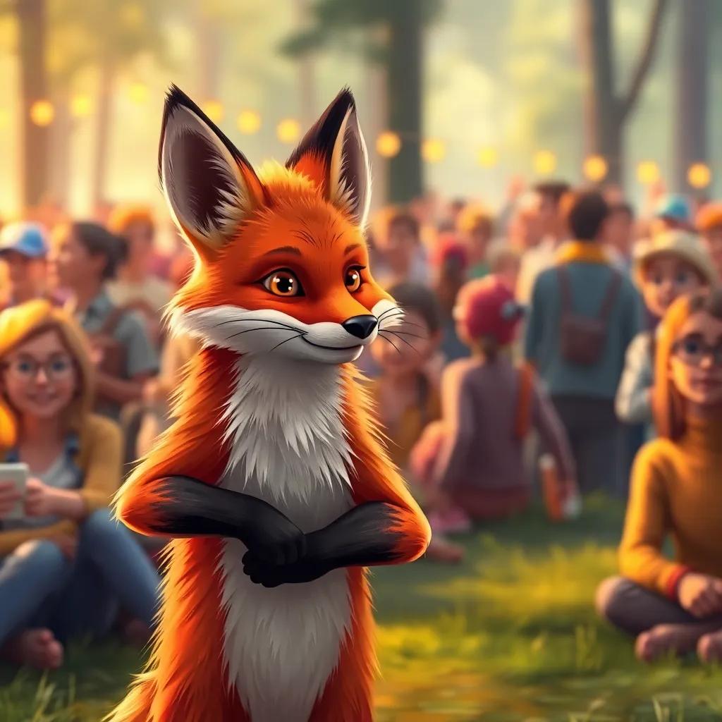 A wise fox known for intelligence, standing nearby with a confident pose. The background shows a lively gathering in the reserve, everyone looks enthusiastic, digital illustration, inspiring atmosphere, warm lighting, high detail.