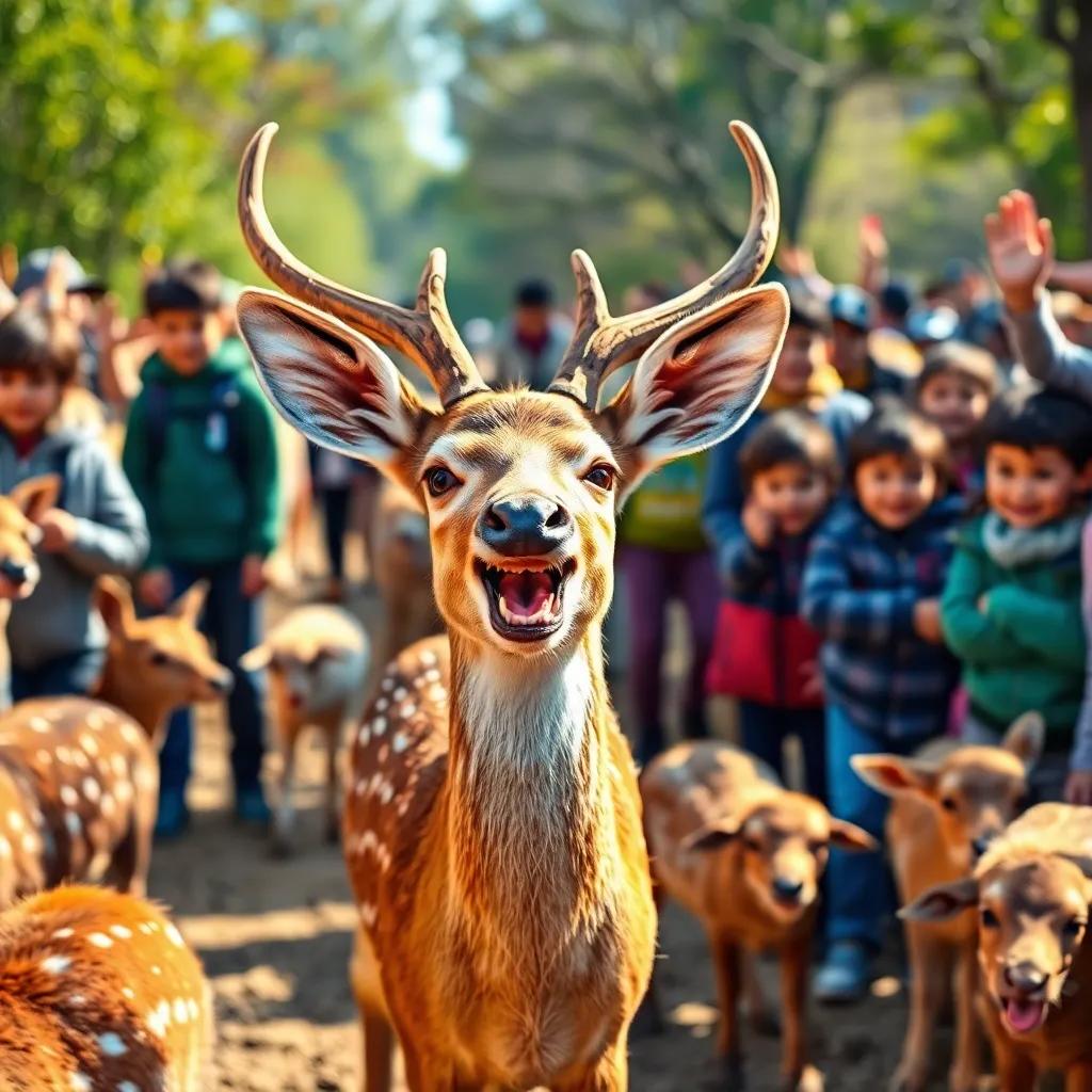 A cheerful young deer energetically expressing excitement. The scene is filled with other animals, kids happily helping, all united for a cause, digital art, vibrant, joyful colors, clean perspective, radiant mood.