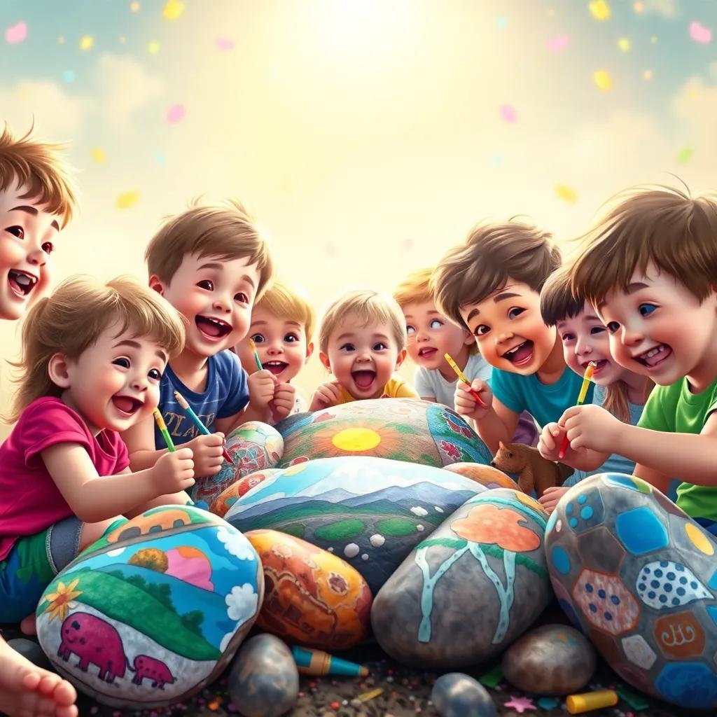 Young children and animals painting colorful rocks with images of nature, under a cheerful atmosphere, filled with creativity and joy. The background shows laughter and cooperation among friends, digital illustration, colorful, lively, bright light, engaging view.