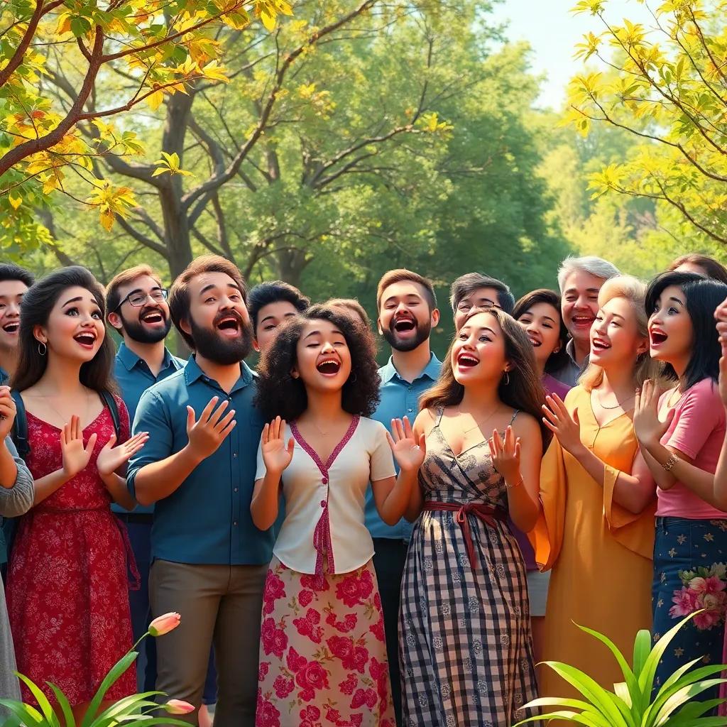 A lively gathering of all characters singing joyfully in a beautiful setting amidst trees and greenery. They hold hands, radiating happiness and community spirit, digital art, beautiful colors, warm and inviting atmosphere, high quality.