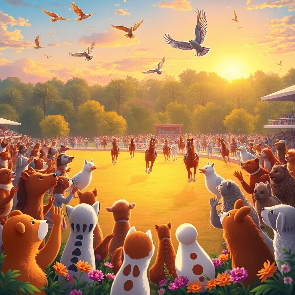 All animals gathered around the racecourse, cheering and clapping as birds soar gracefully above their heads, while flowers and nature thrive around them. The atmosphere is festive and joyful under the sunset, digital illustration, vibrant, heartwarming moments, soft colors, high detail.