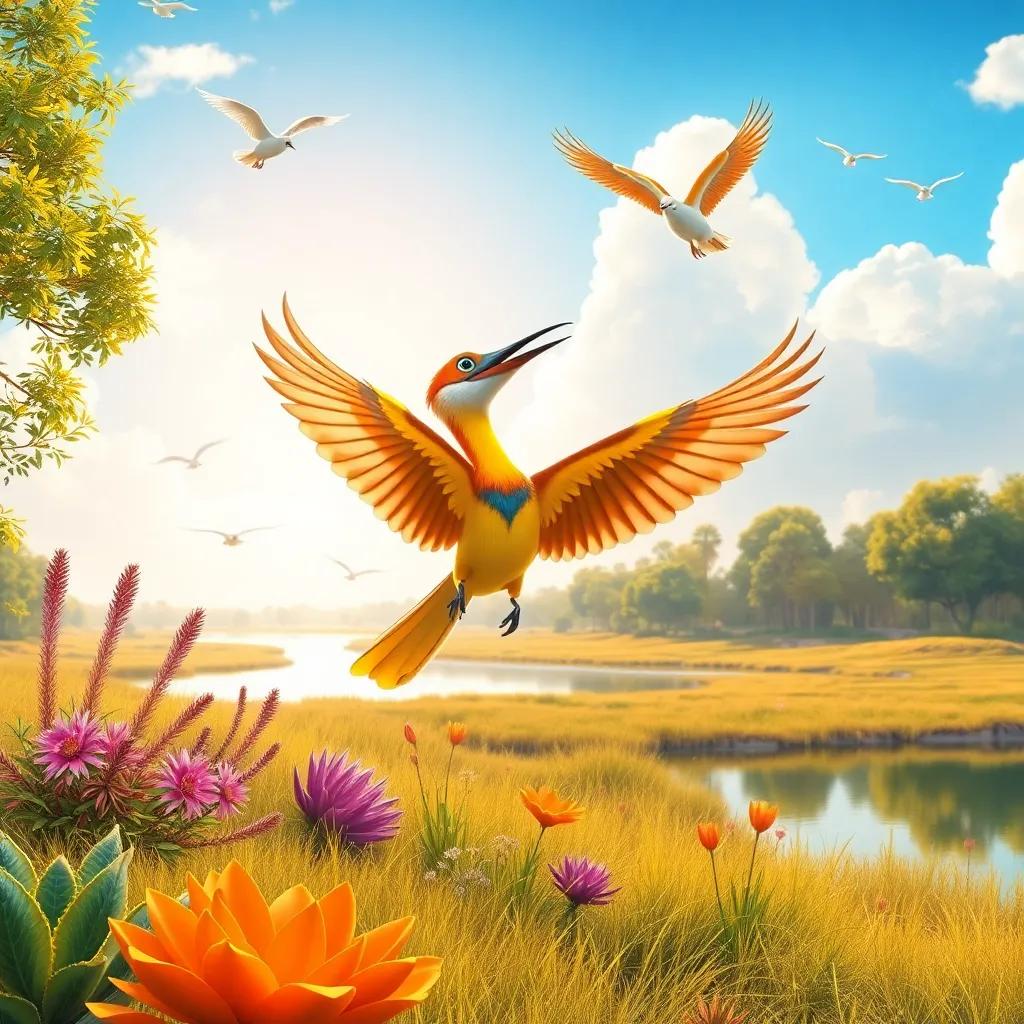 A bright morning in a nature reserve with a cheerful sky, a joyful scene of birds flying, a hoopoe working on race tracks, colorful plants and a lake, digital art, warm and inviting atmosphere, high quality