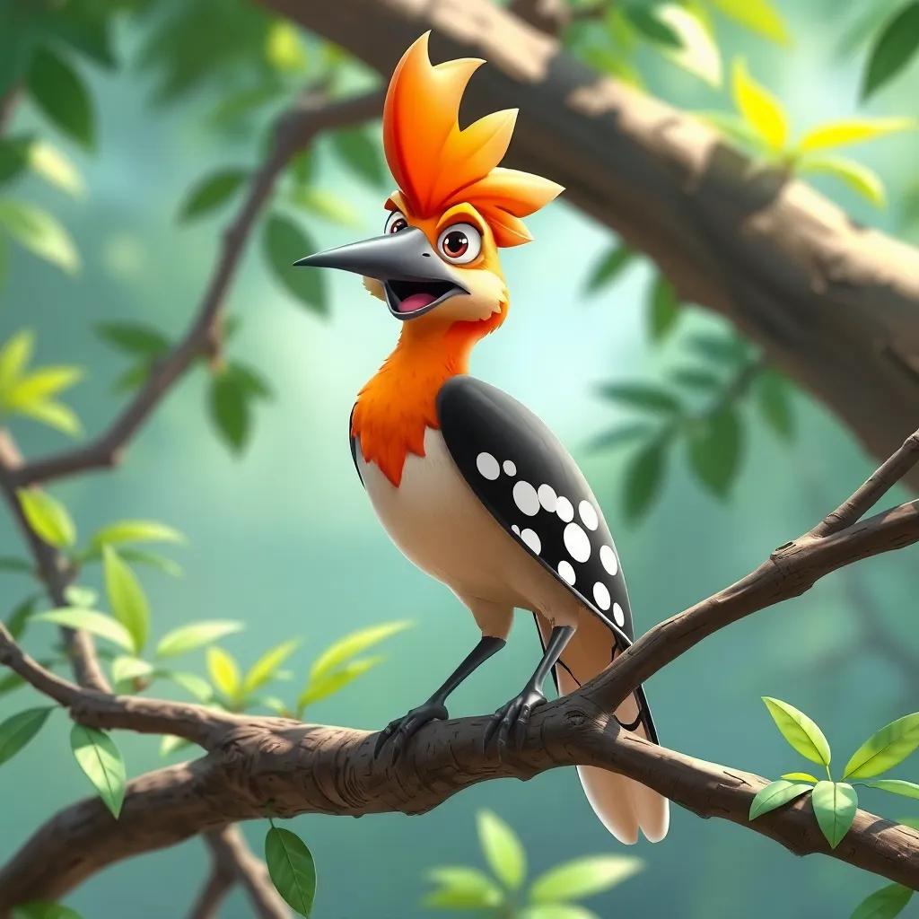 A cheerful hoopoe on a branch with a determined look, surrounded by greenery, setting up barriers for bird races, bright colors, playful atmosphere, high quality