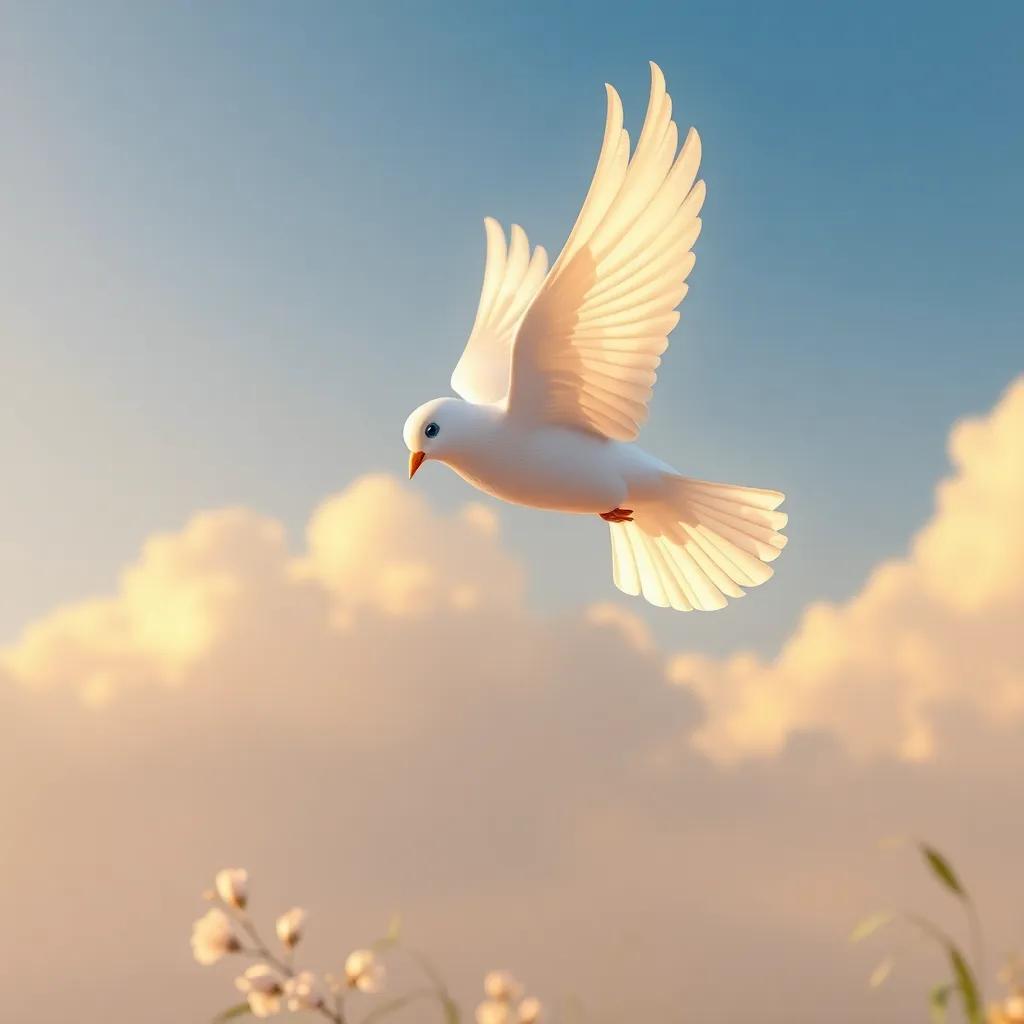 A beautiful dove gracefully flying above the scene, with a gentle smile, offering a solution to the hoopoe and Umm Salem, warm light, hopeful atmosphere, high quality