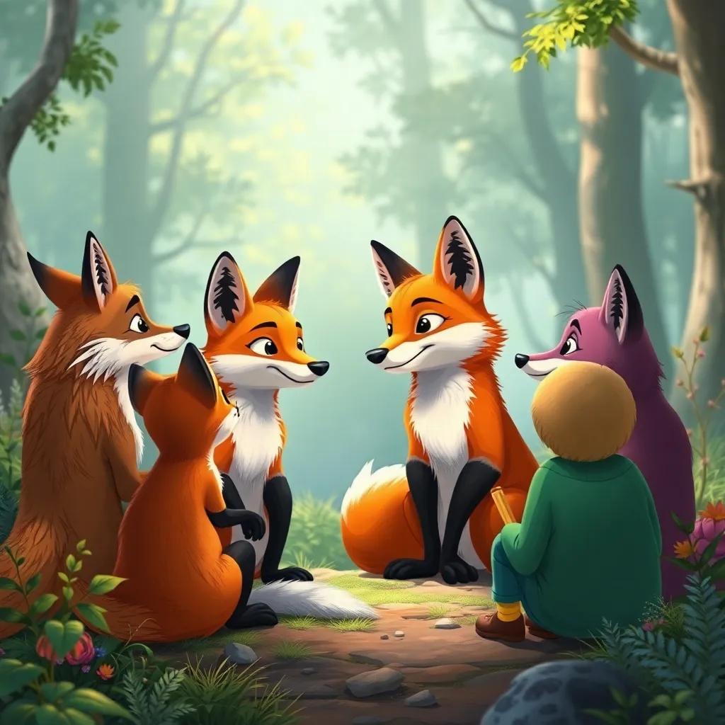A wise fox discussing with friends about protecting the reserve, surrounded by nature with vibrant colors, community spirit, high quality
