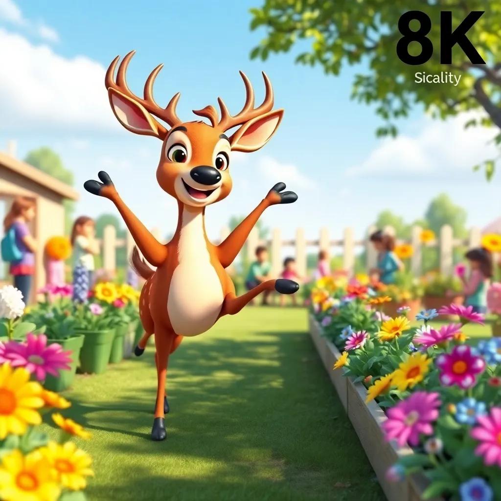 A prancing deer happily approving a community gardening project with colorful flowers and fun activities, bright scene, cheerful atmosphere, high quality
