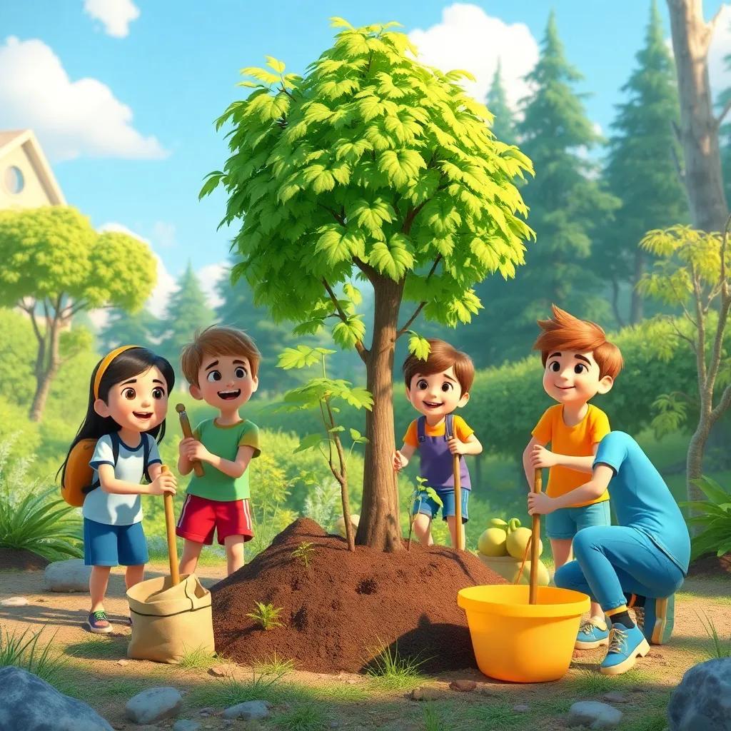 A lively scene with friends working together to improve the nature reserve, planting trees and cleaning, cheerful spirit, bright colors, high quality