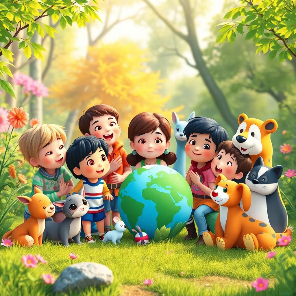 Children and animals gathered together sharing a song about preserving the environment in a colorful nature setting, joyful vibes, warm light, high quality
