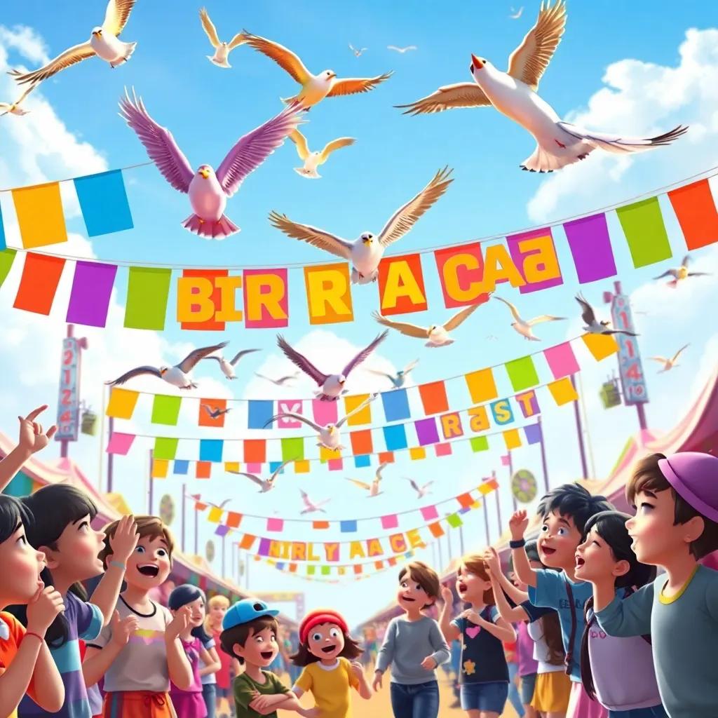 Festive scene at the bird race festival with colorful banners, children cheering, and flying birds, vibrant atmosphere, fun and energetic, high quality