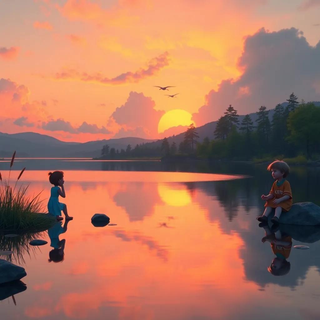 A serene sunset around a lake with characters discussing their achievements in nature preservation, calm scene, beautiful reflections, high quality