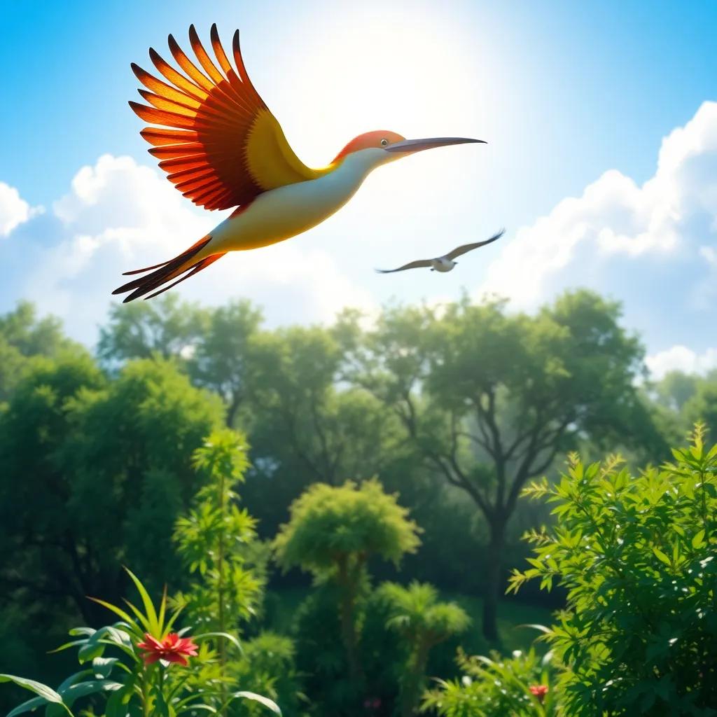 A bright and beautiful morning in a nature reserve, a colorful hoopoe bird flying high, the sun shining, lush greenery all around, digital art, vibrant colors, inviting atmosphere, high quality