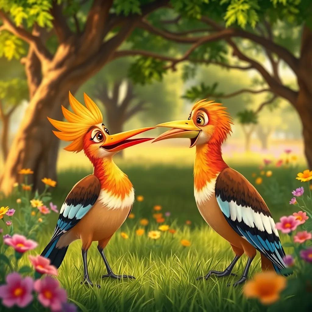 A cheerful hoopoe bird excitedly discussing with its friend, a colorful bird in the nature reserve, with trees and flowers as a backdrop, digital illustration, warm colors, lively scene
